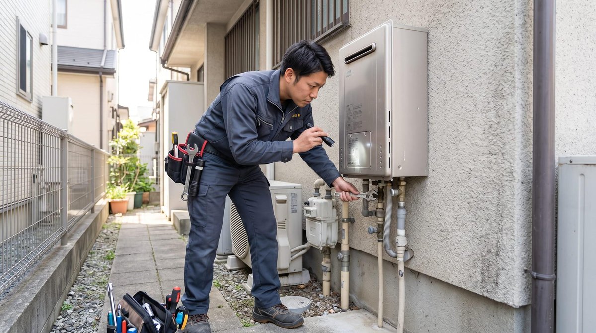 屋外の給湯器を点検する修理スタッフ
