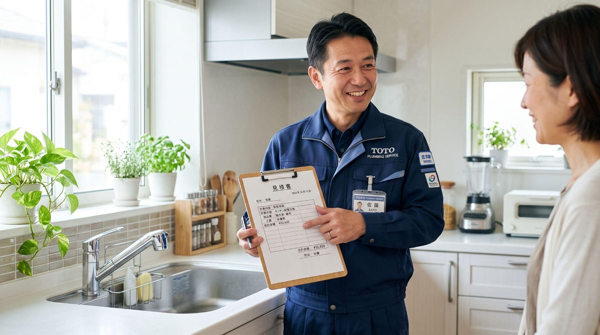 キッチンで見積書の内容をお客様へ説明する水道修理スタッフ